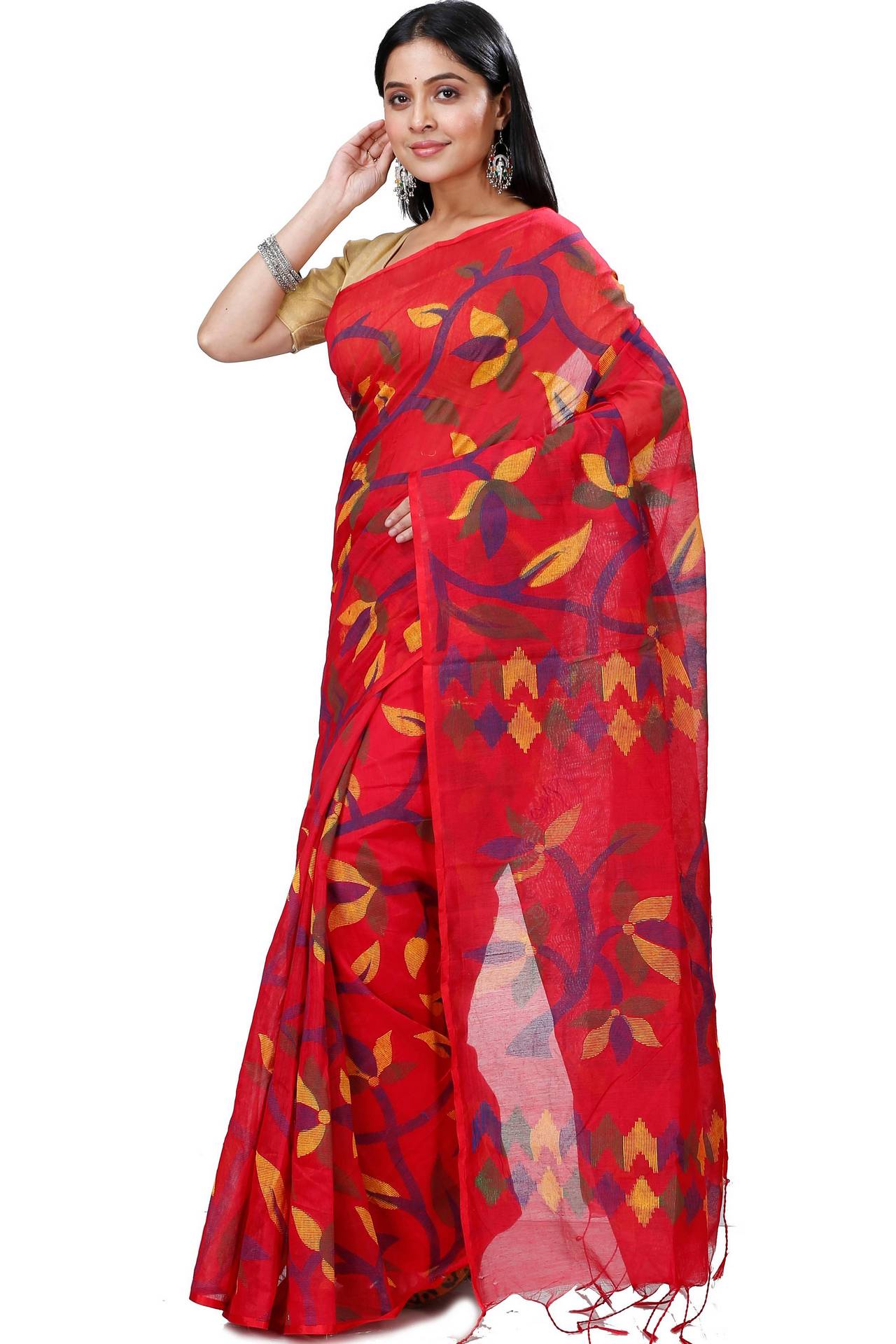 Red Cotton Naren Hand Loom Saree (1321)
