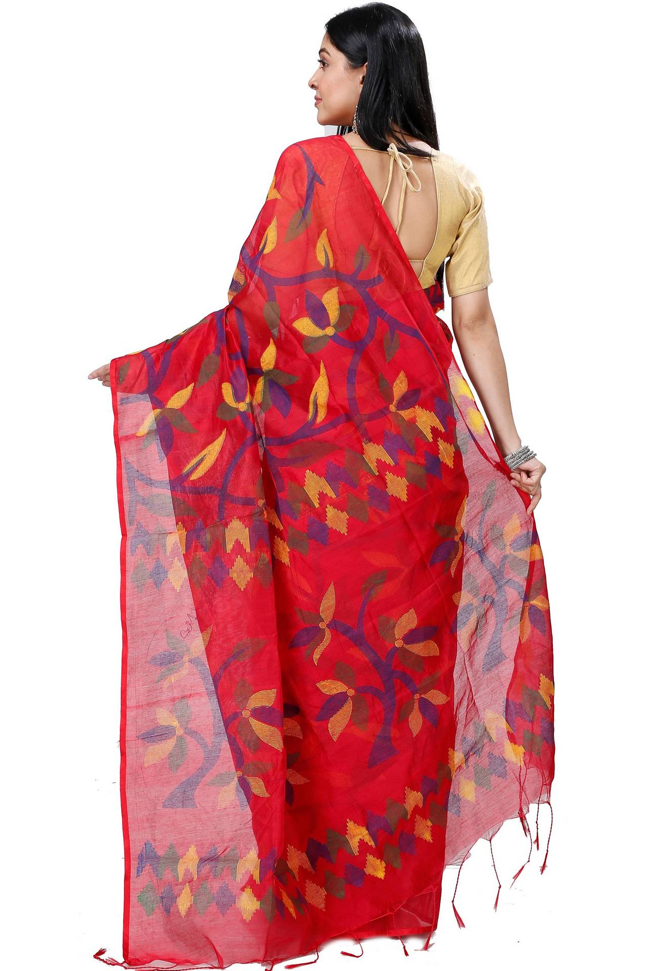 Red Cotton Naren Hand Loom Saree (1321)
