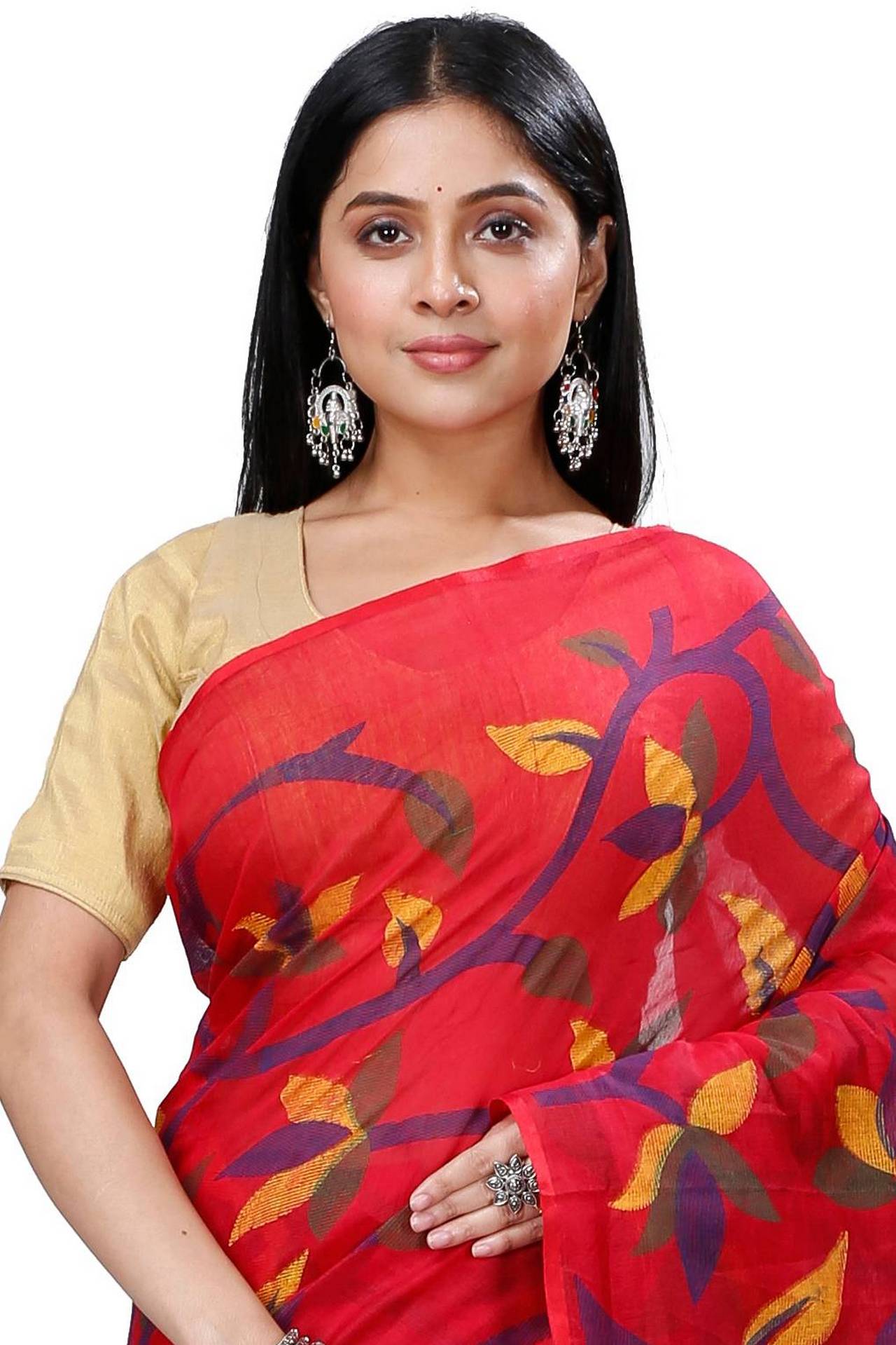 Red Cotton Naren Hand Loom Saree (1321)