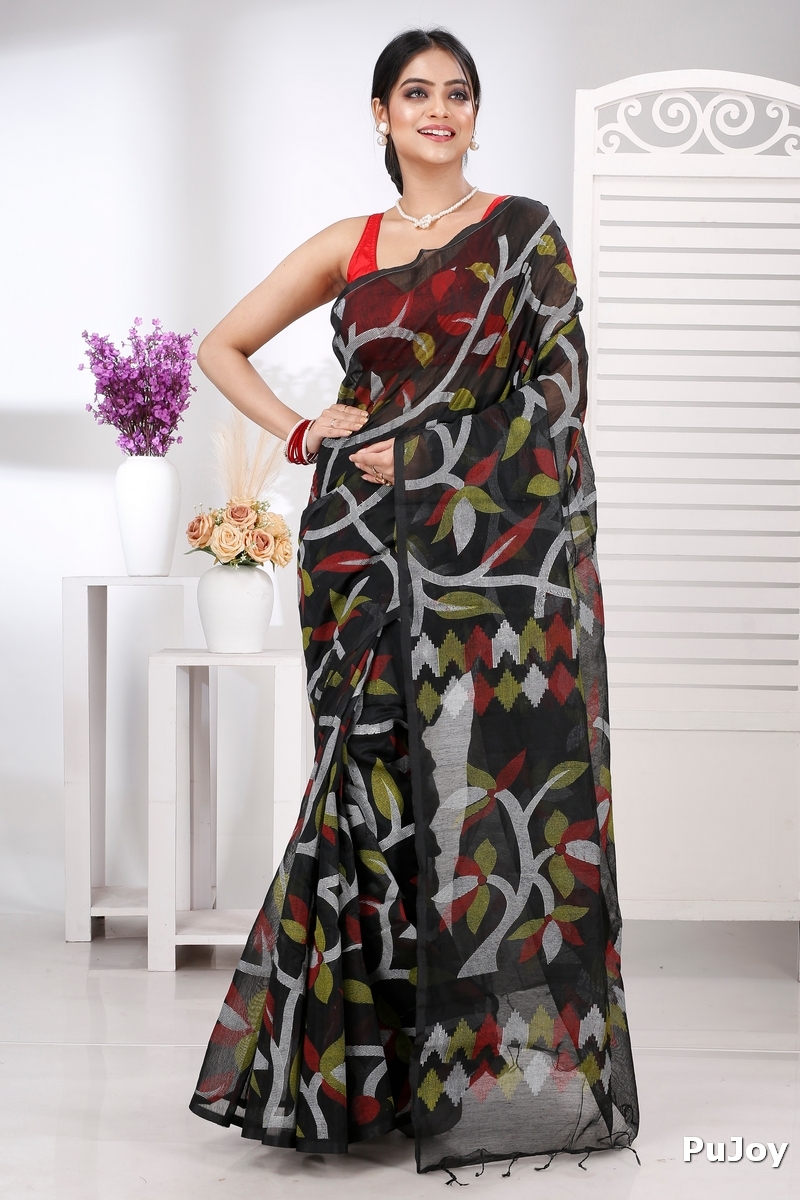Black Cotton Naren Hand Loom Saree (1324)