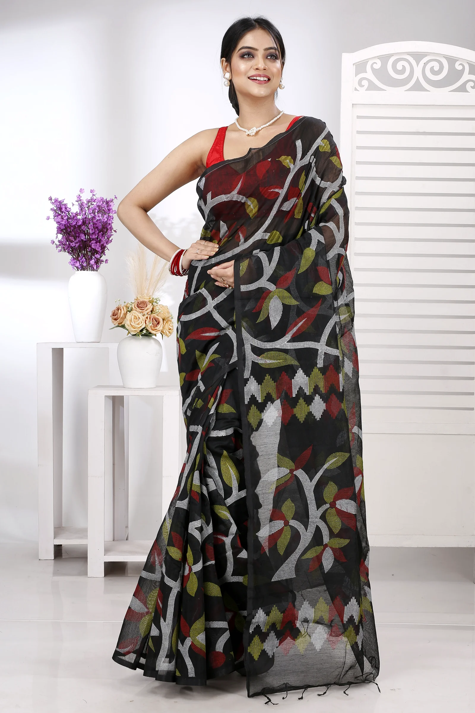 Black Cotton Naren Hand Loom Saree (1324)