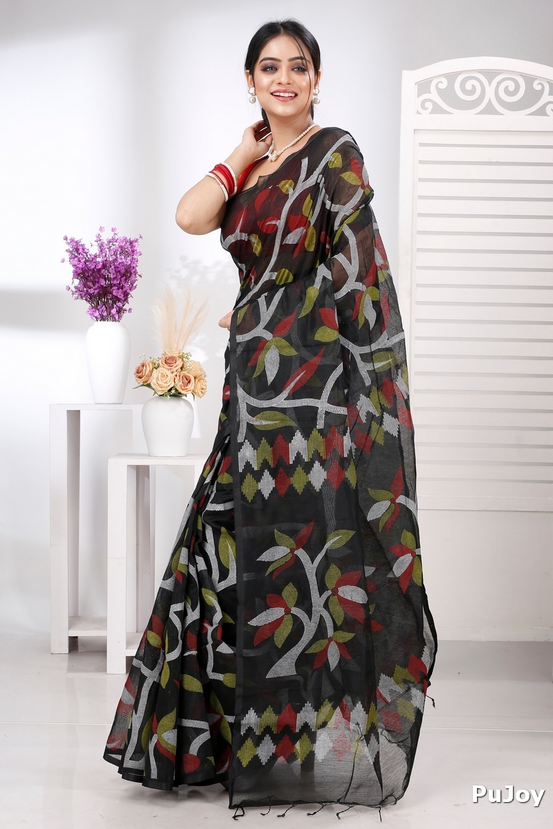 Black Cotton Naren Hand Loom Saree (1324)