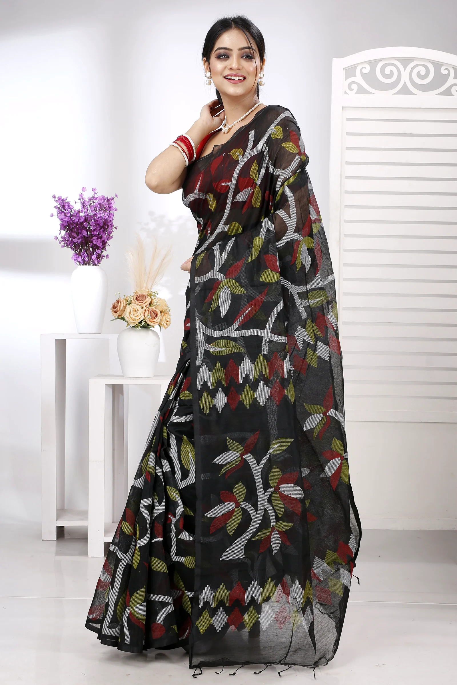 Black Cotton Naren Hand Loom Saree (1324)