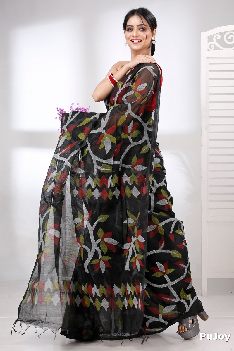 Black Cotton Naren Hand Loom Saree (1324)