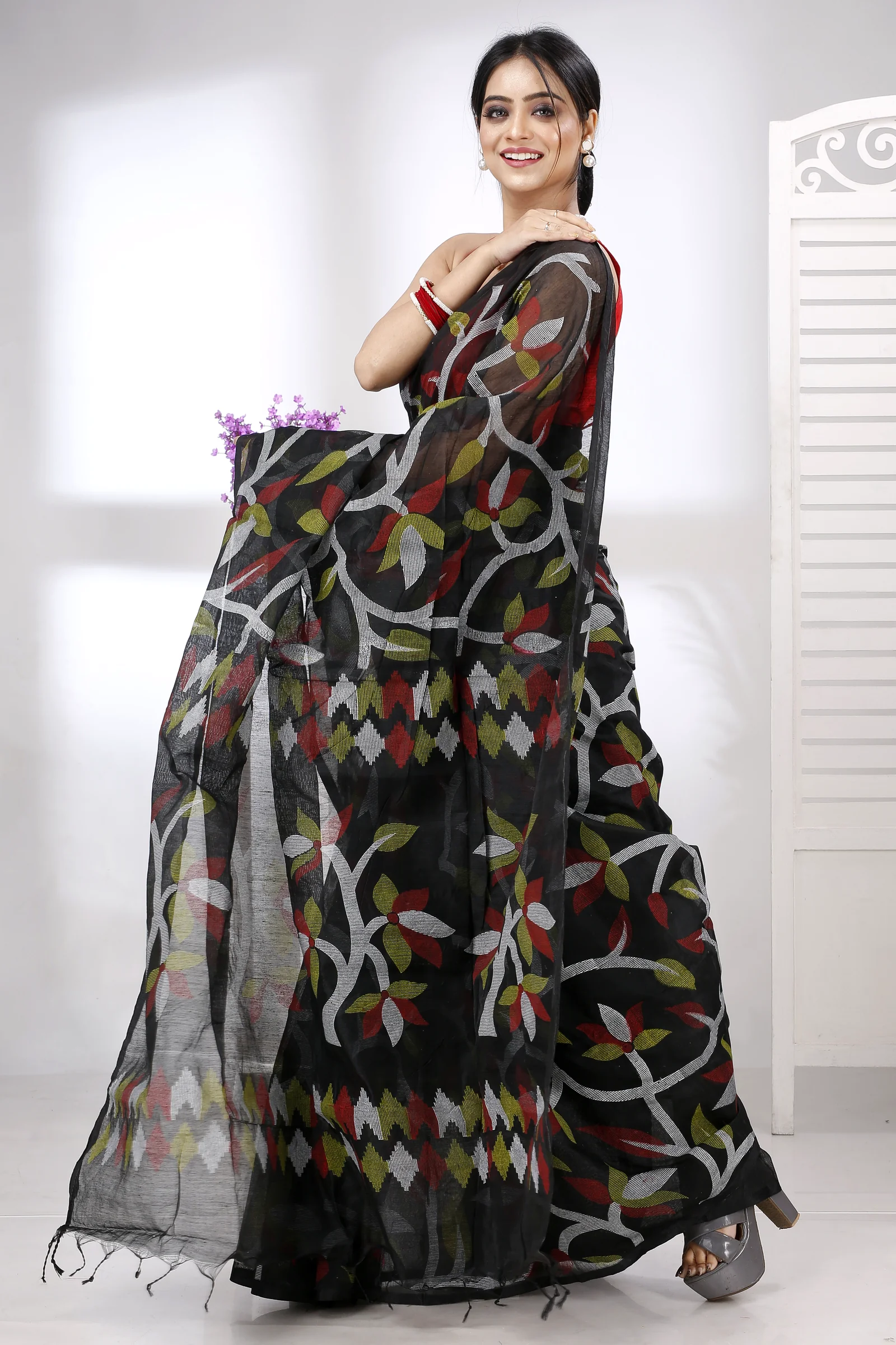 Black Cotton Naren Hand Loom Saree (1324)
