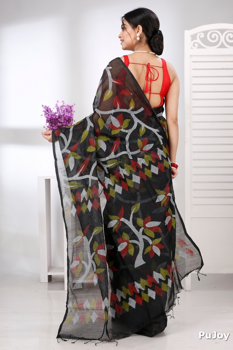 Black Cotton Naren Hand Loom Saree (1324)