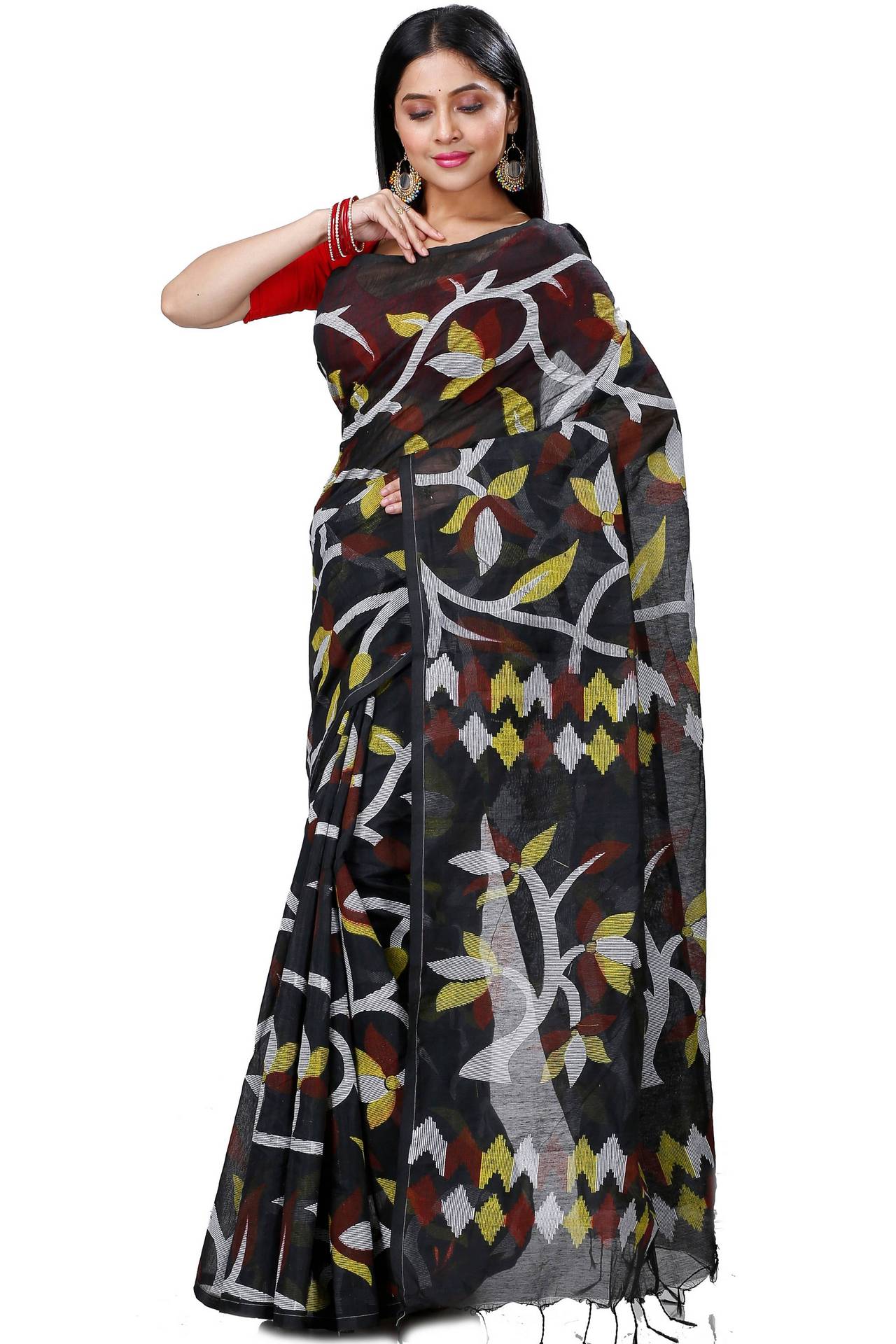 Black Cotton Naren Hand Loom Saree (1324)