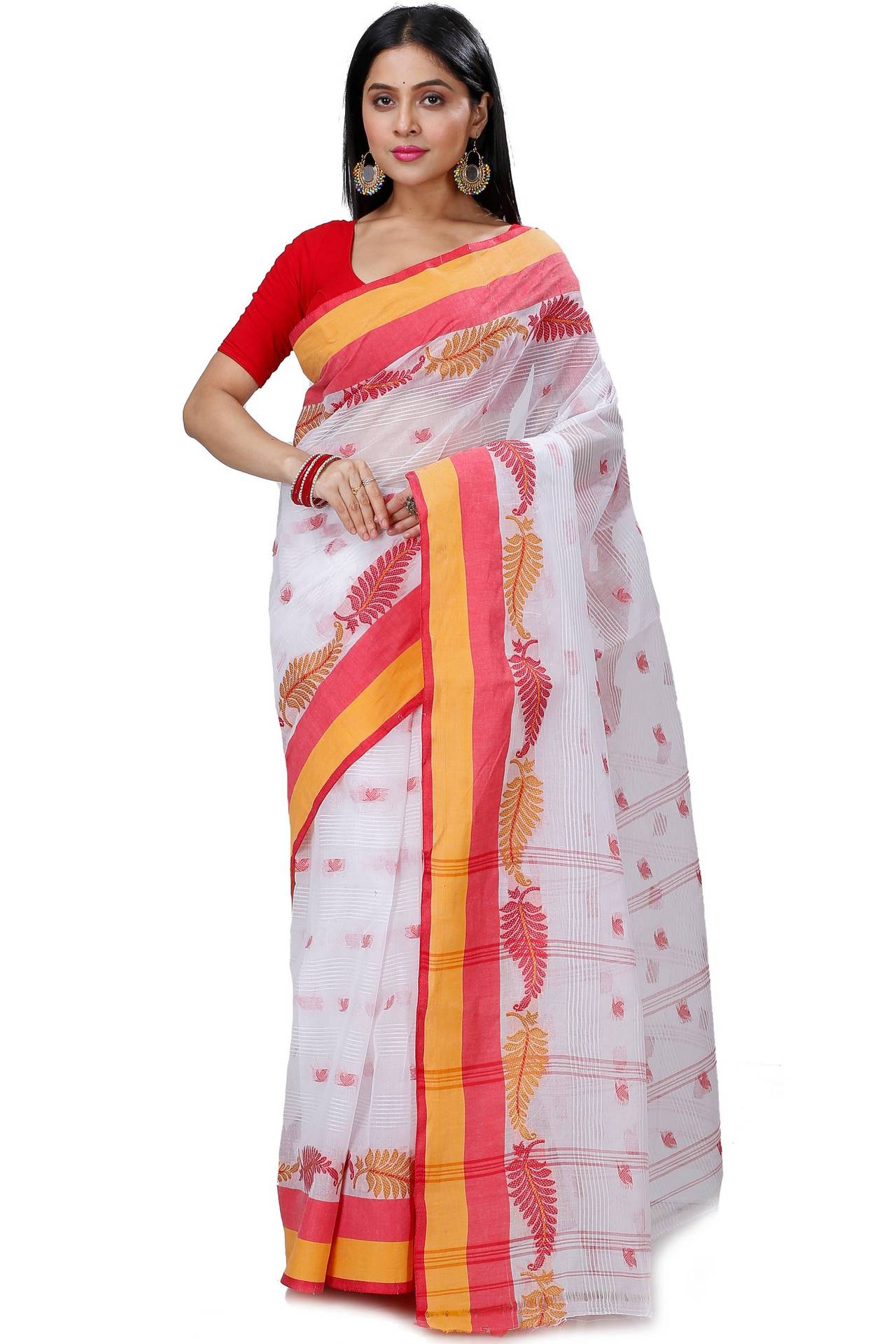 White Red Pure Cotton Nera Tant Saree (1330)