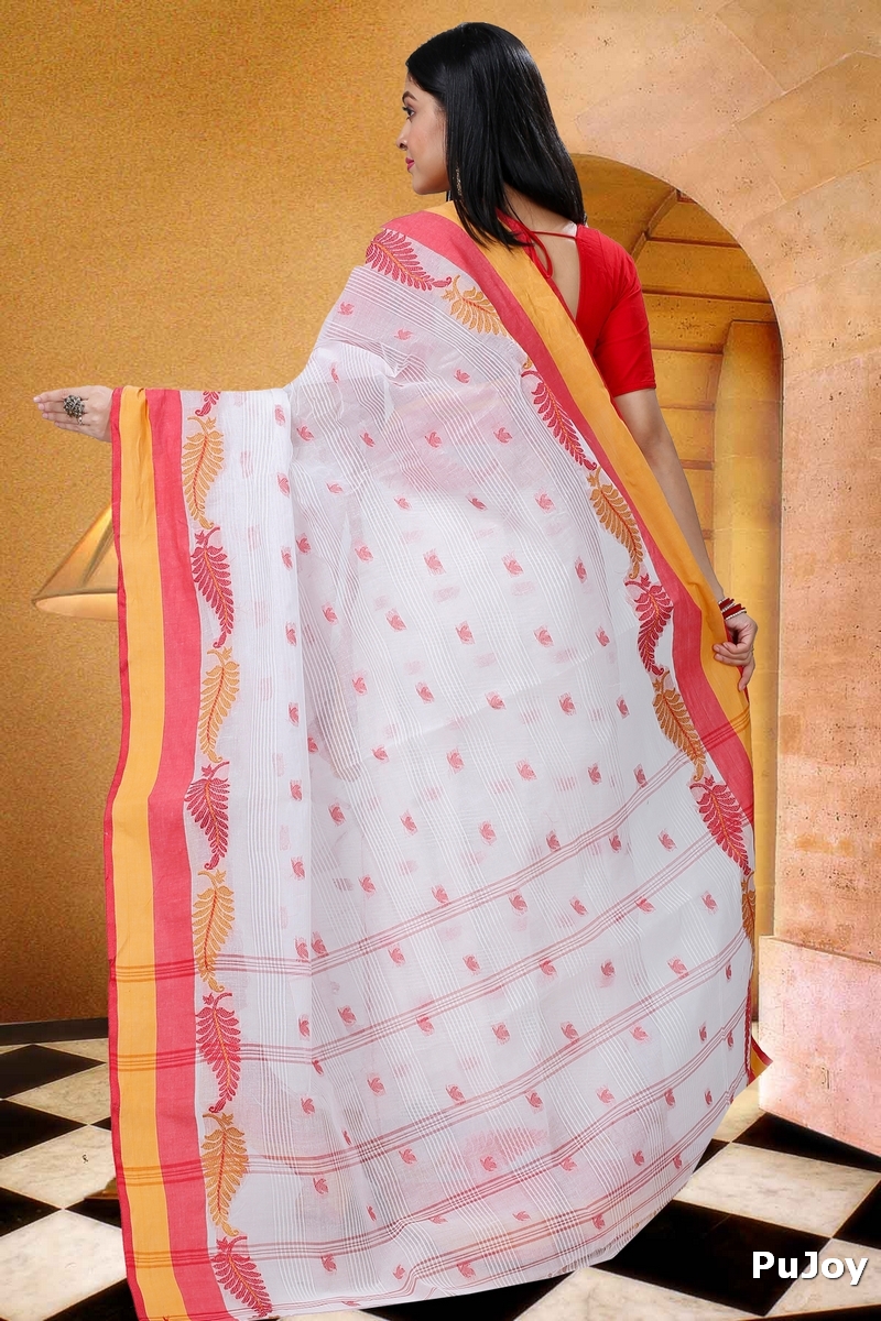 White Red Pure Cotton Nera Tant Saree (1330)