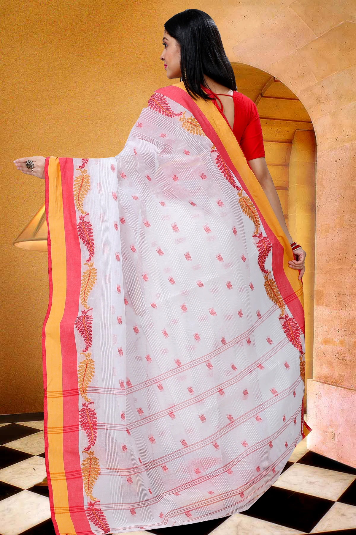 White Red Pure Cotton Nera Tant Saree (1330)