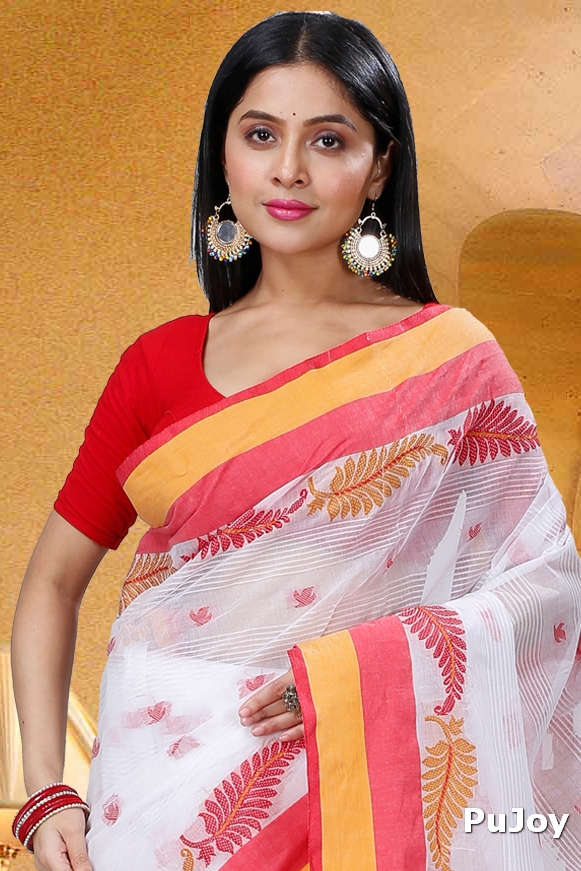 White Red Pure Cotton Nera Tant Saree (1330)