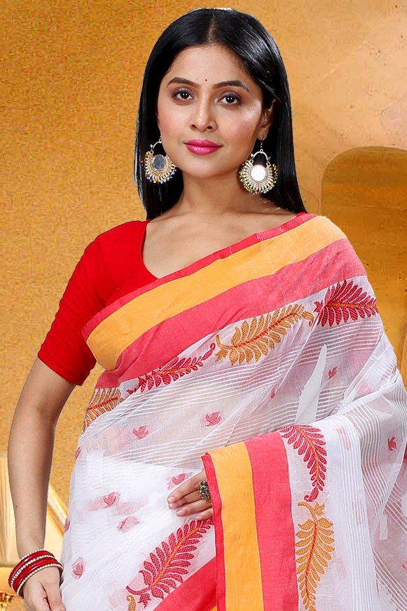 White Red Pure Cotton Nera Tant Saree (1330)