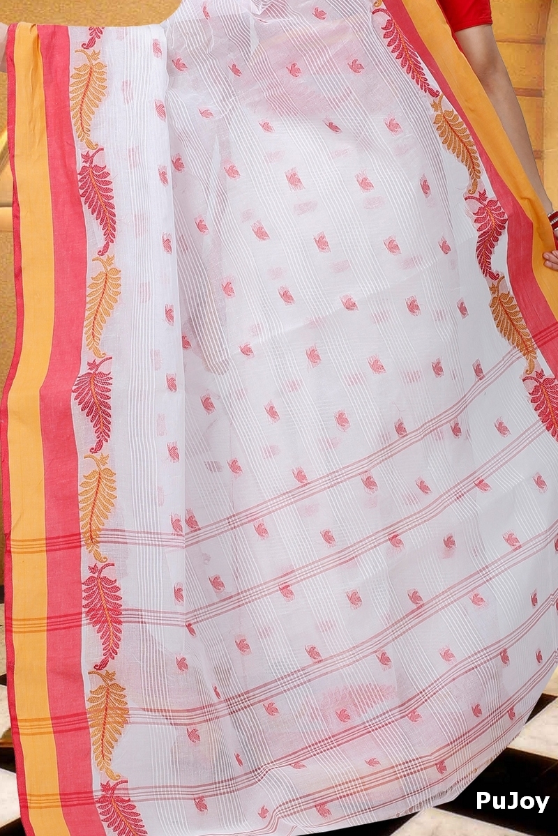 White Red Pure Cotton Nera Tant Saree (1330)