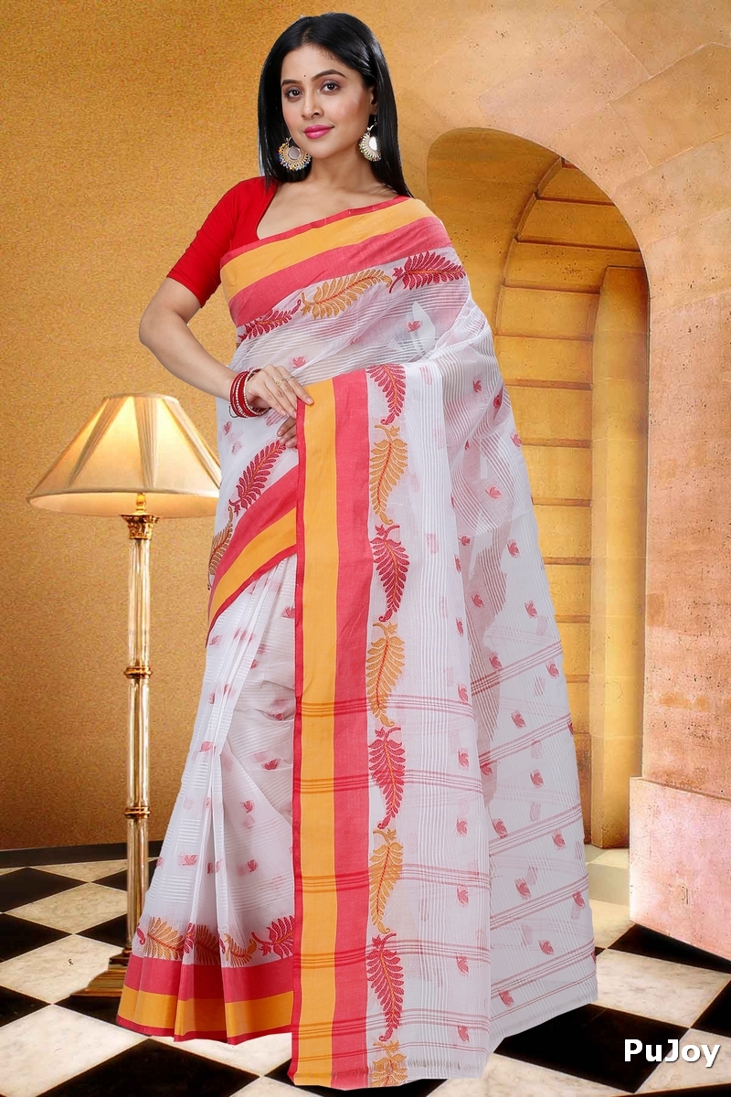 White Red Pure Cotton Nera Tant Saree (1330)