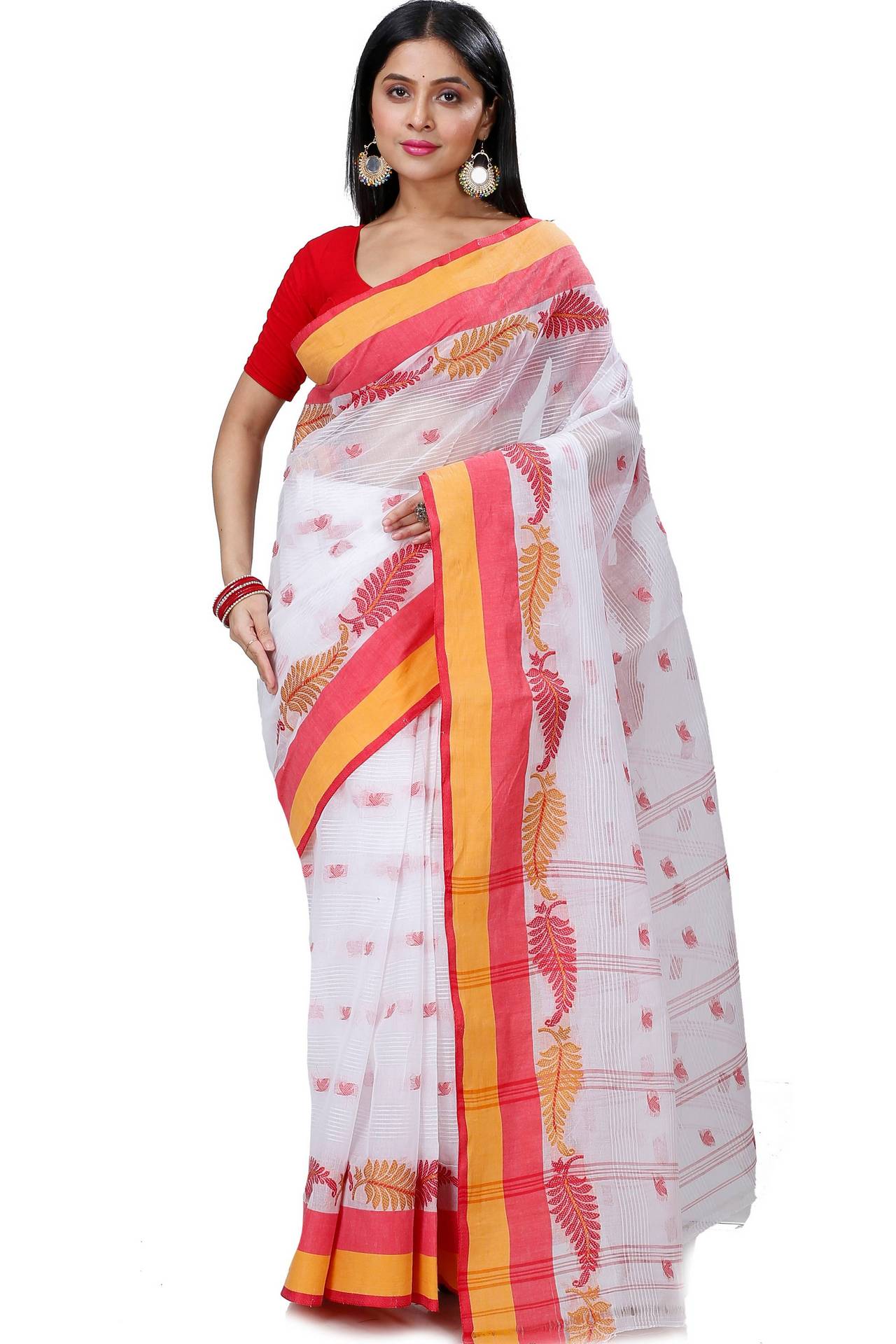 White Red Pure Cotton Nera Tant Saree (1330)