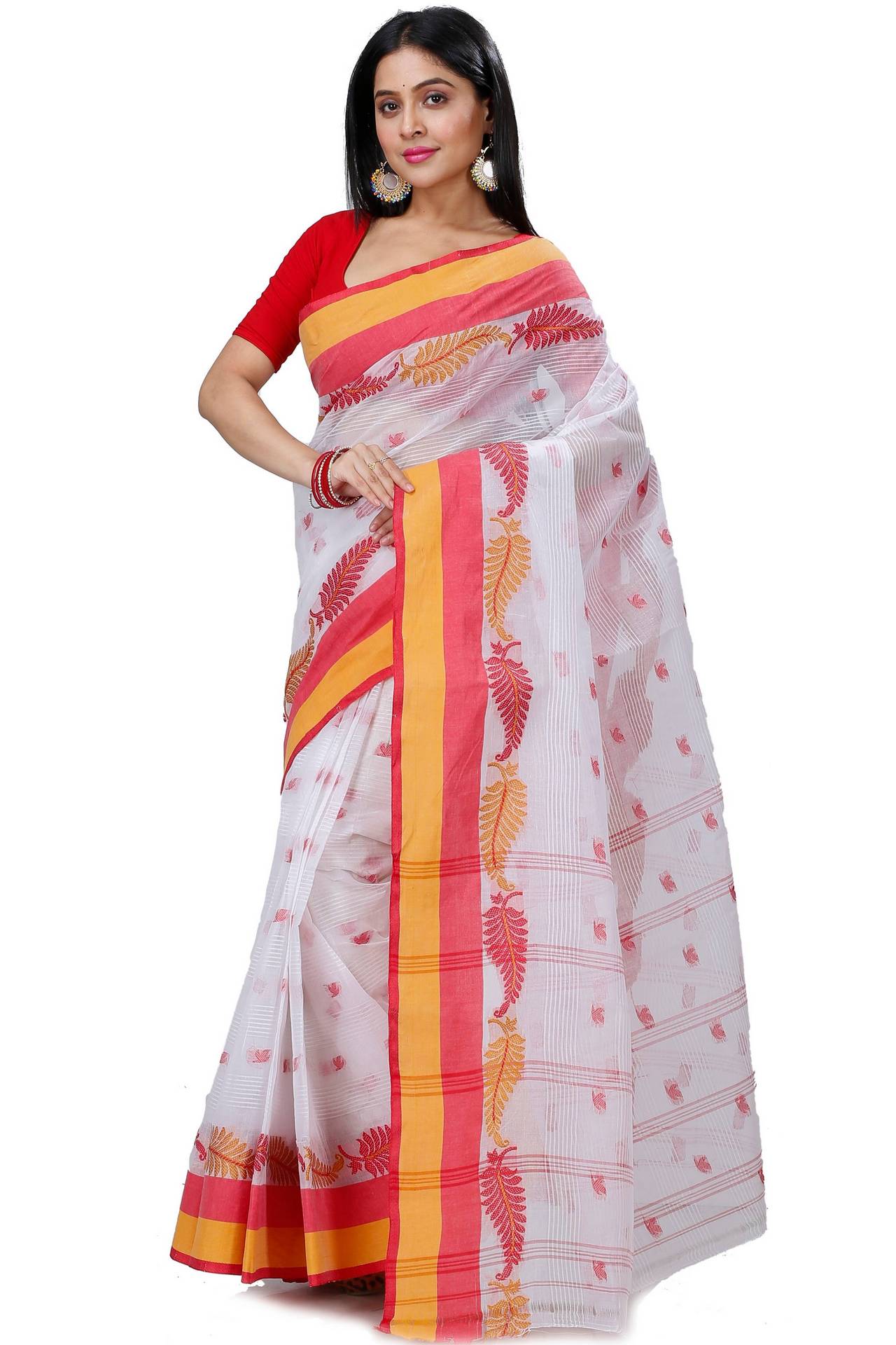 White Red Pure Cotton Nera Tant Saree (1330)