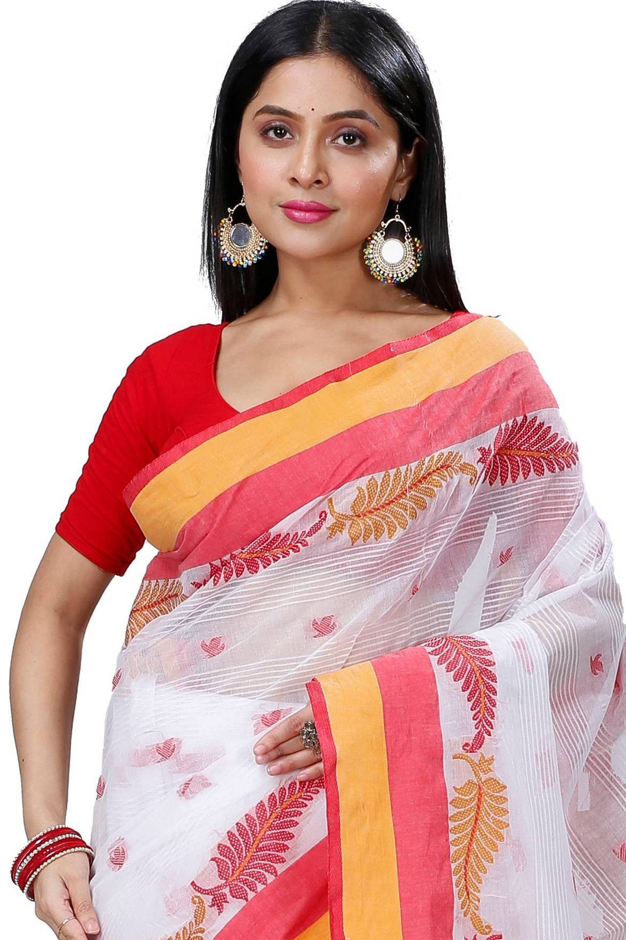 White Red Pure Cotton Nera Tant Saree (1330)