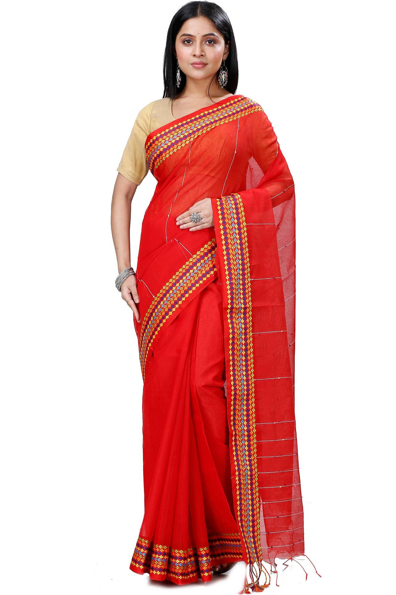 Red Cotton Popkn Hand Loom Saree (1331)