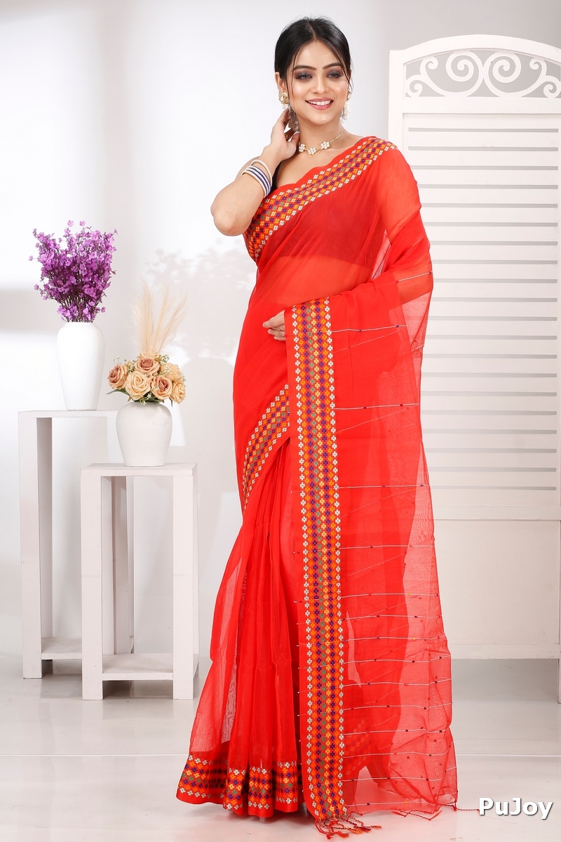 Red Cotton Popkn Hand Loom Saree (1331)