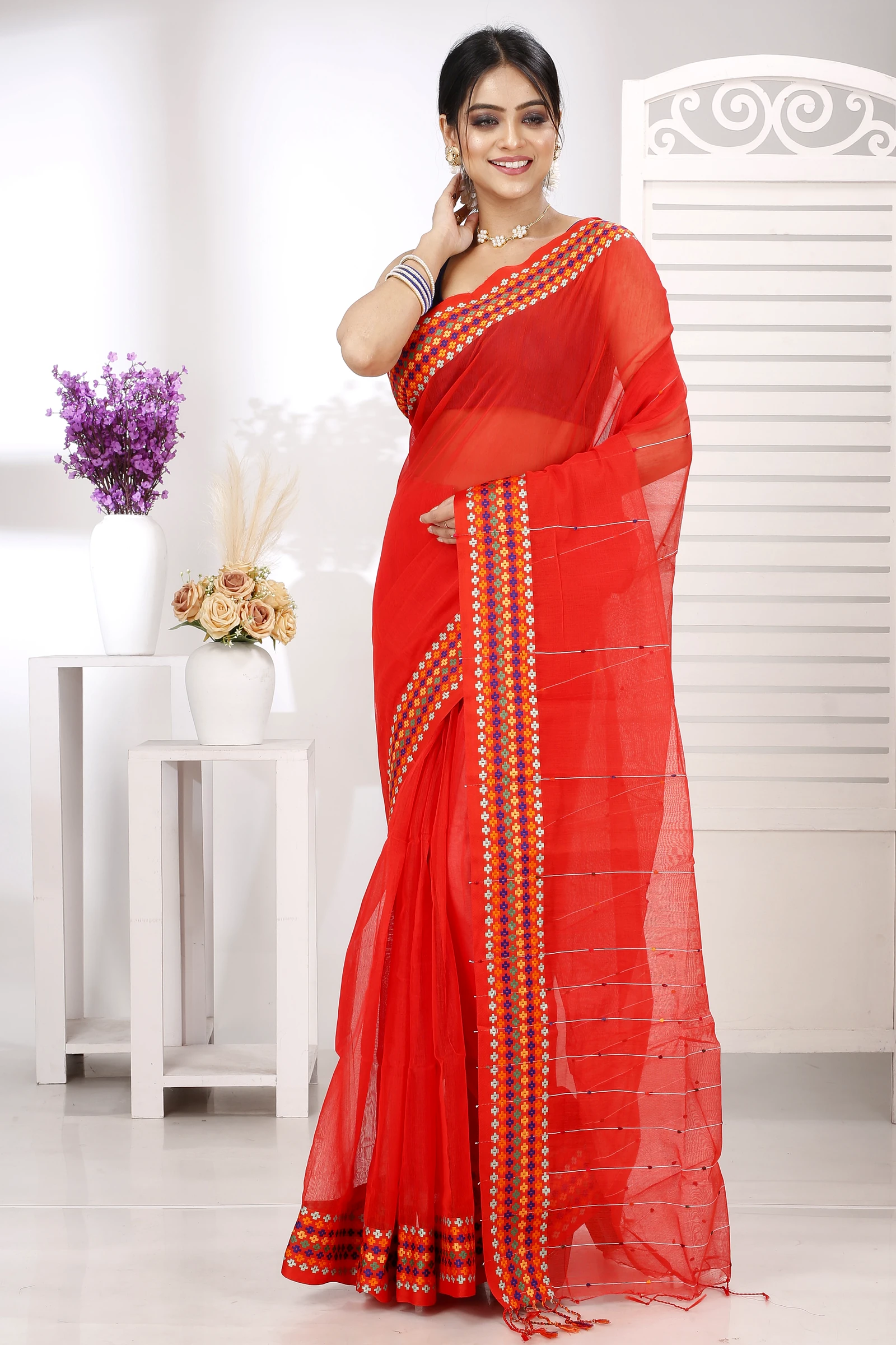 Red Cotton Popkn Hand Loom Saree (1331)