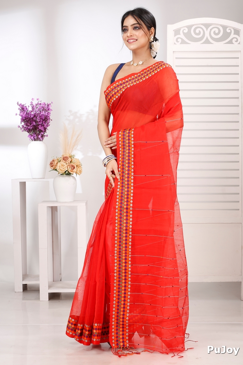 Red Cotton Popkn Hand Loom Saree (1331)