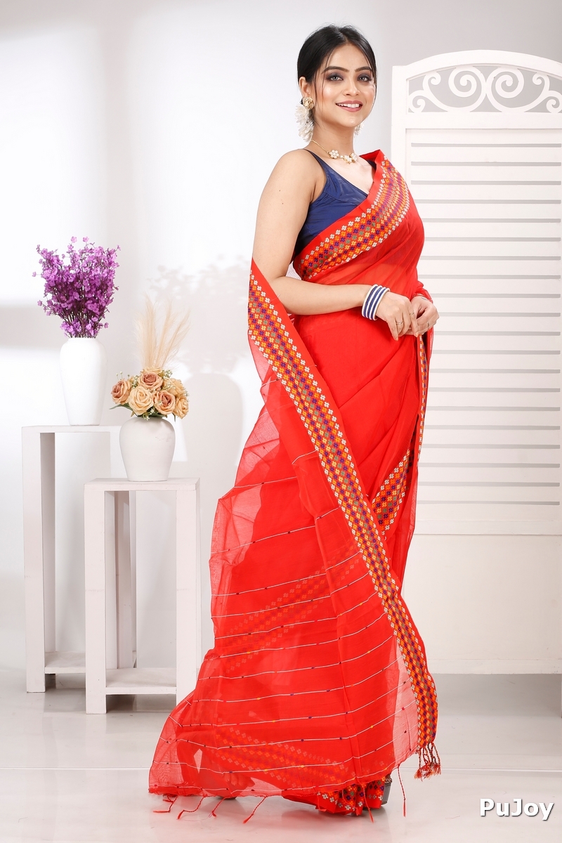Red Cotton Popkn Hand Loom Saree (1331)
