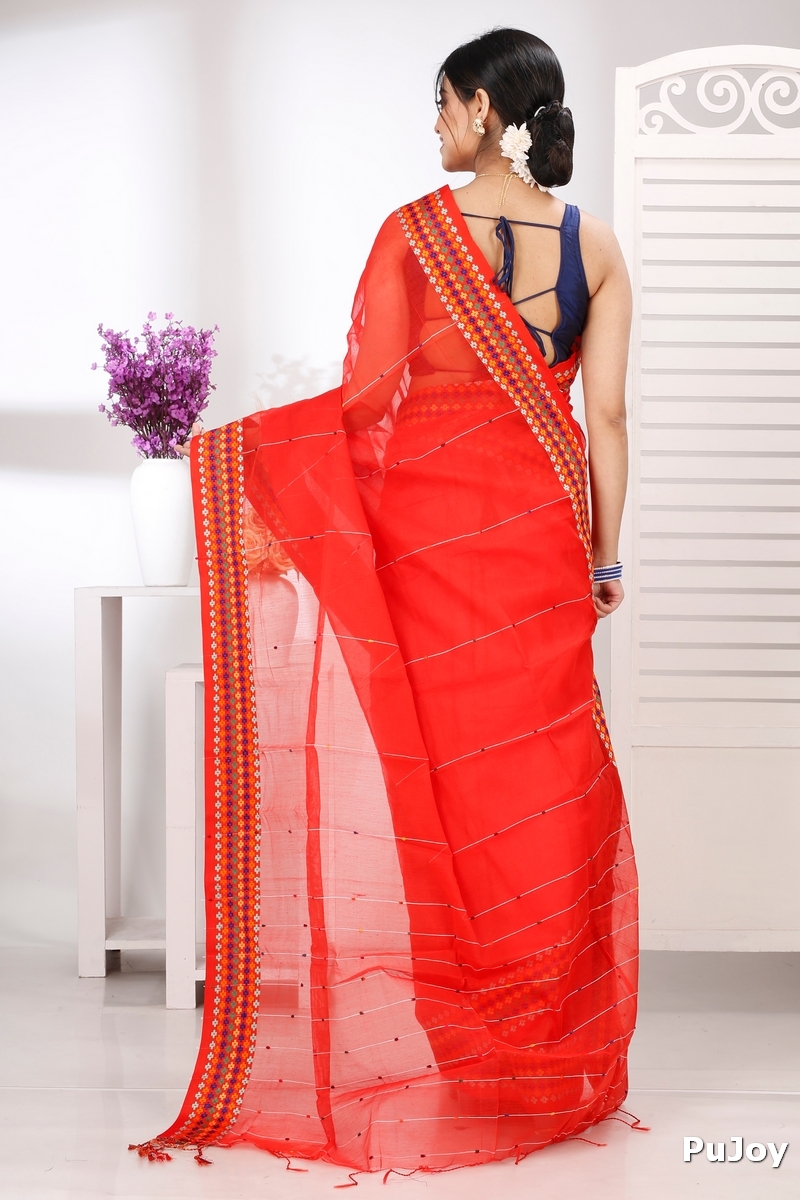 Red Cotton Popkn Hand Loom Saree (1331)