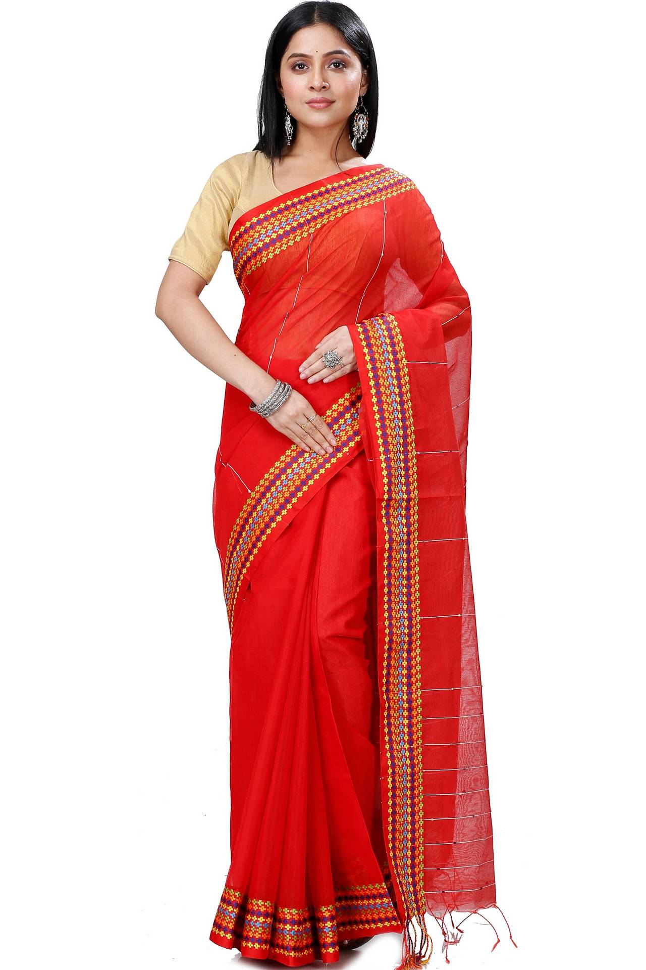 Red Cotton Popkn Hand Loom Saree (1331)