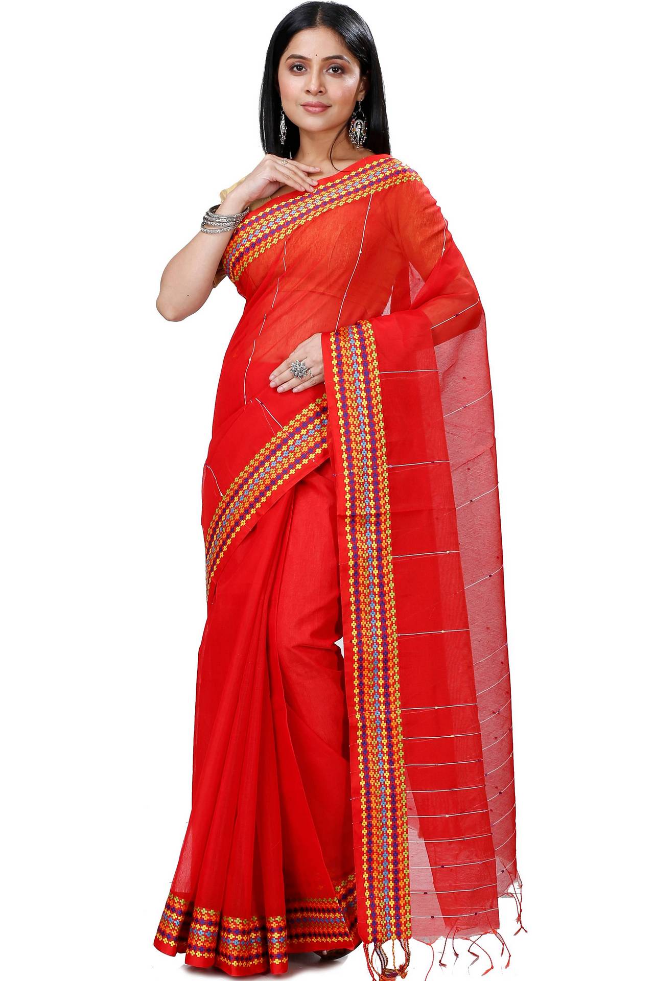 Red Cotton Popkn Hand Loom Saree (1331)