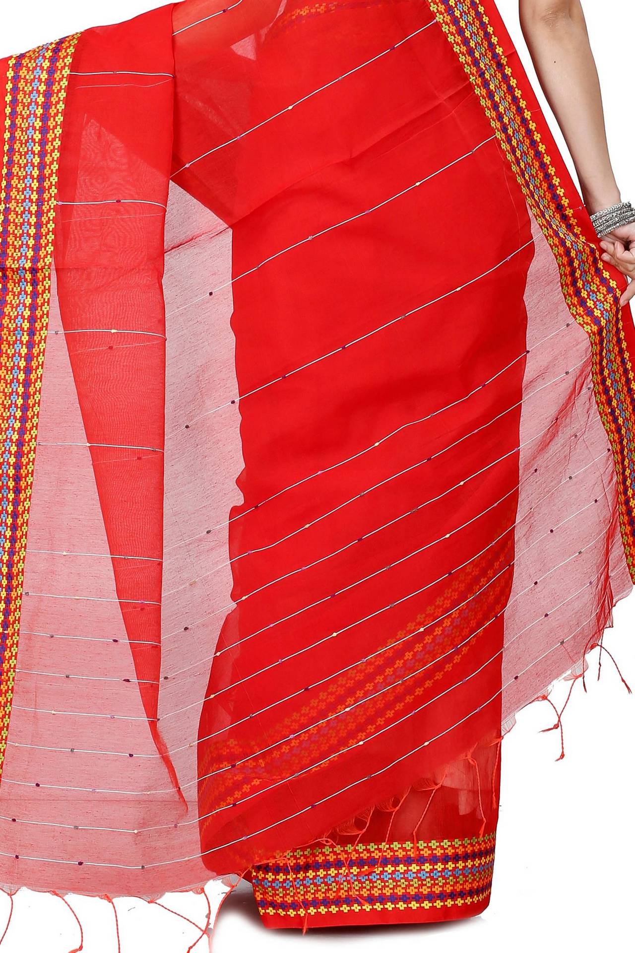 Red Cotton Popkn Hand Loom Saree (1331)