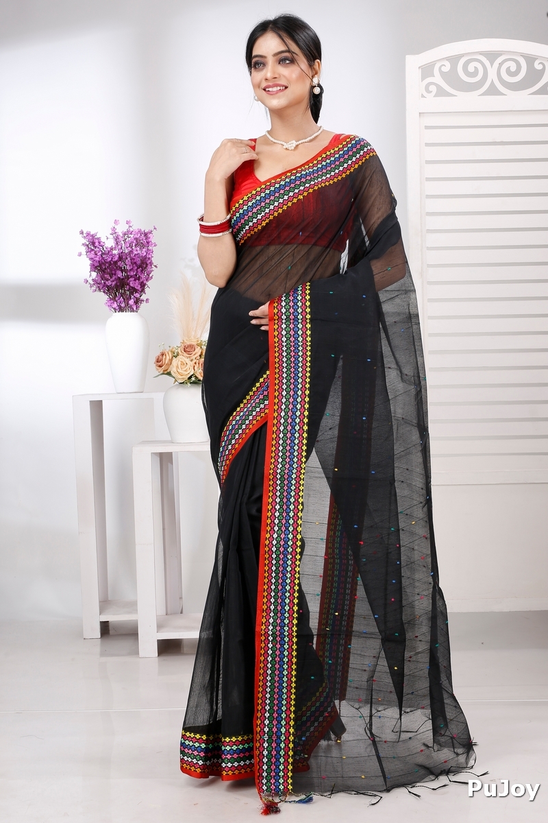 Black Cotton Popkn Hand Loom Saree (1332)