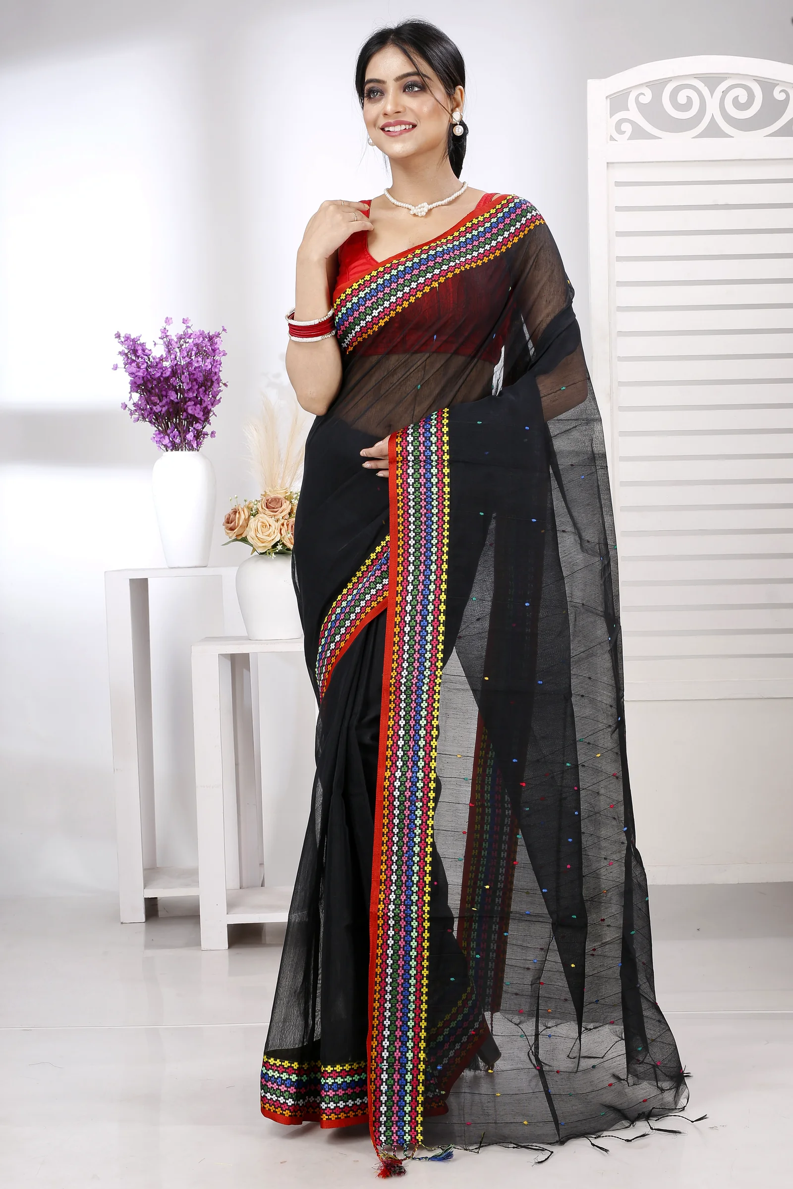 Black Cotton Popkn Hand Loom Saree (1332)