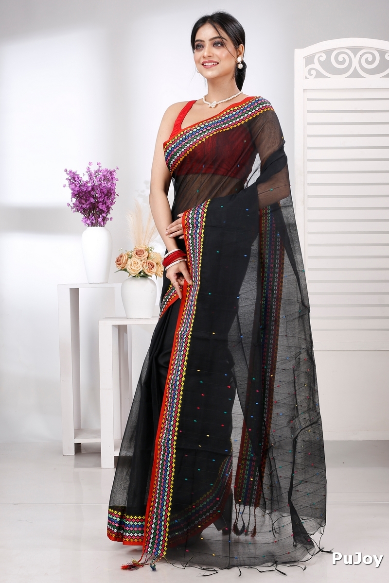 Black Cotton Popkn Hand Loom Saree (1332)