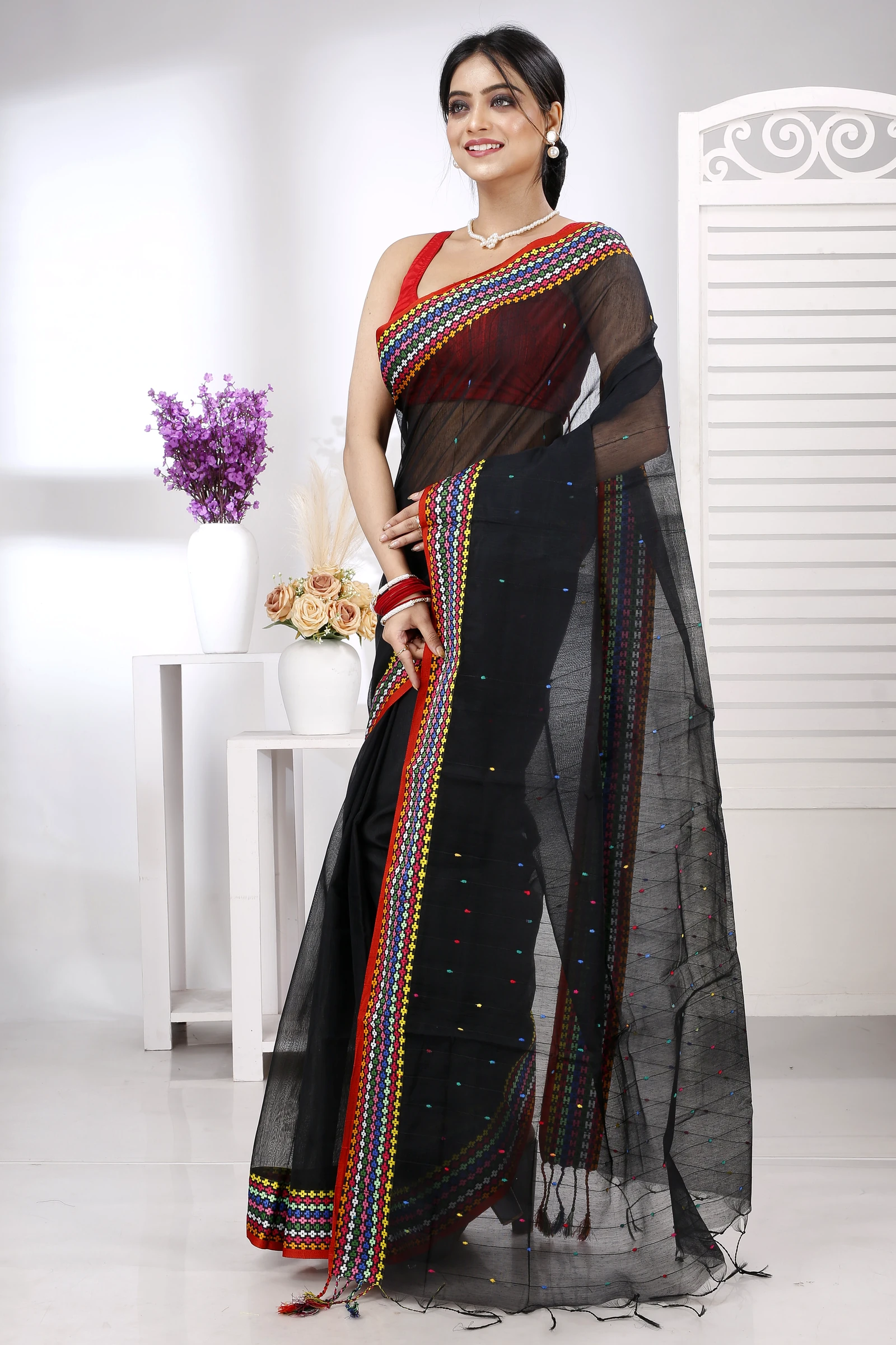 Black Cotton Popkn Hand Loom Saree (1332)