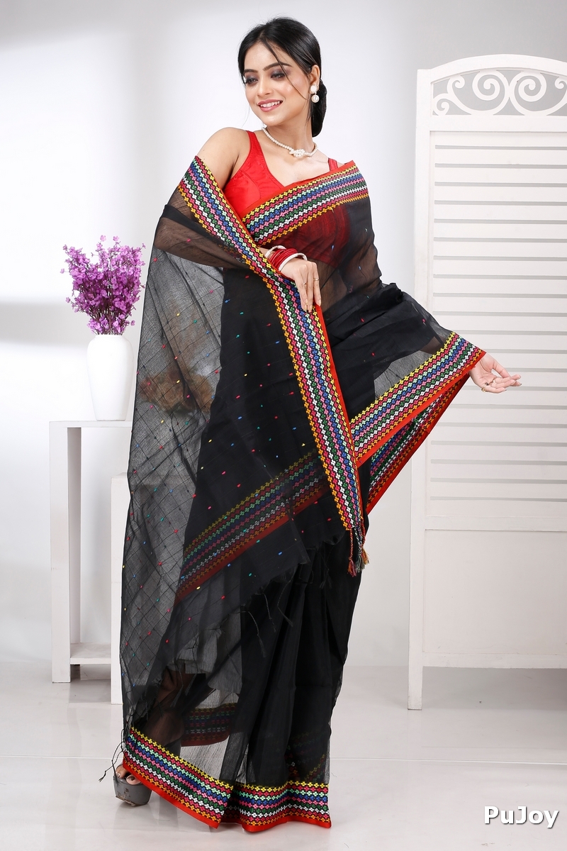 Black Cotton Popkn Hand Loom Saree (1332)