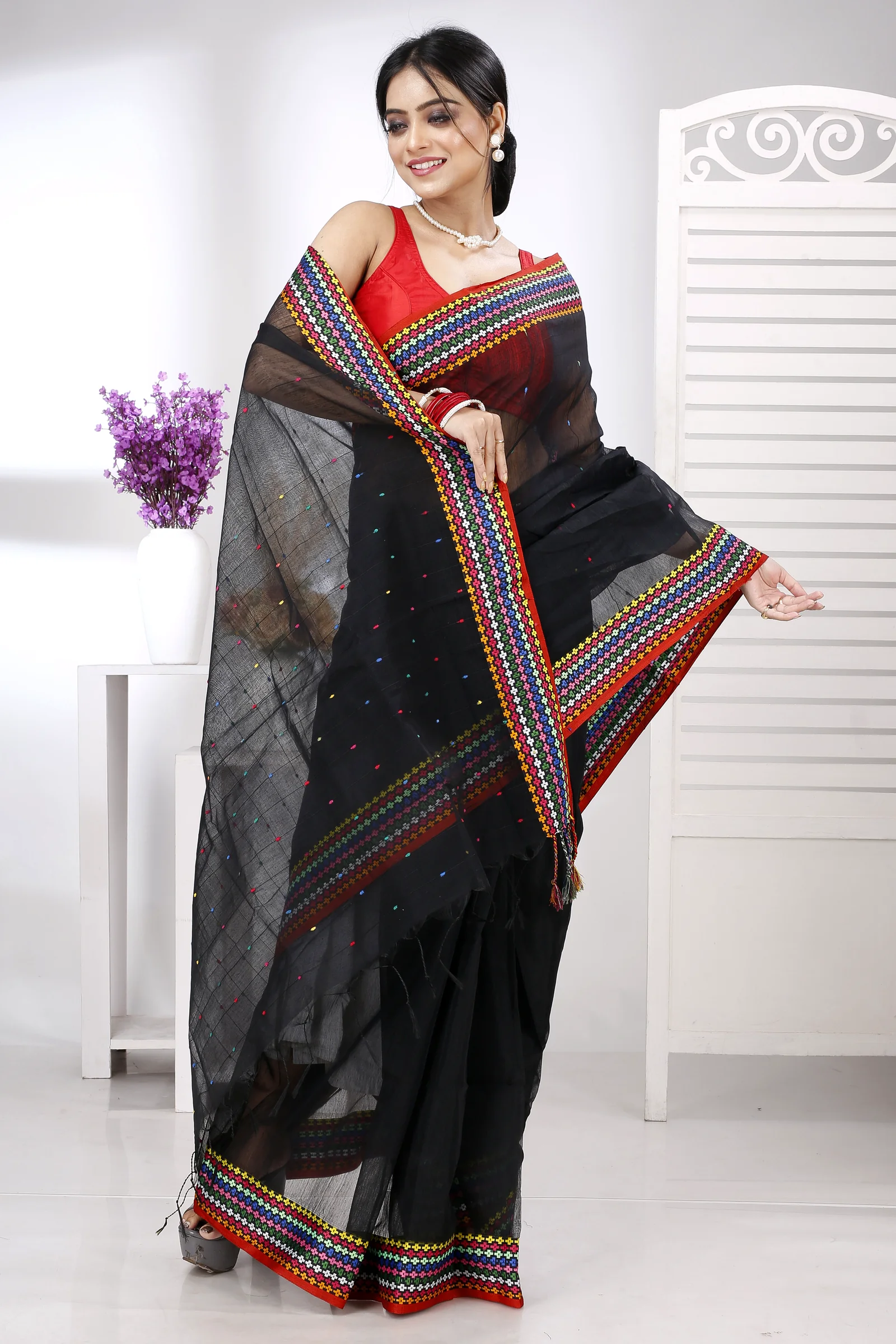 Black Cotton Popkn Hand Loom Saree (1332)