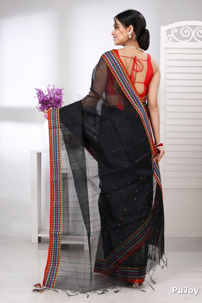 Black Cotton Popkn Hand Loom Saree (1332)
