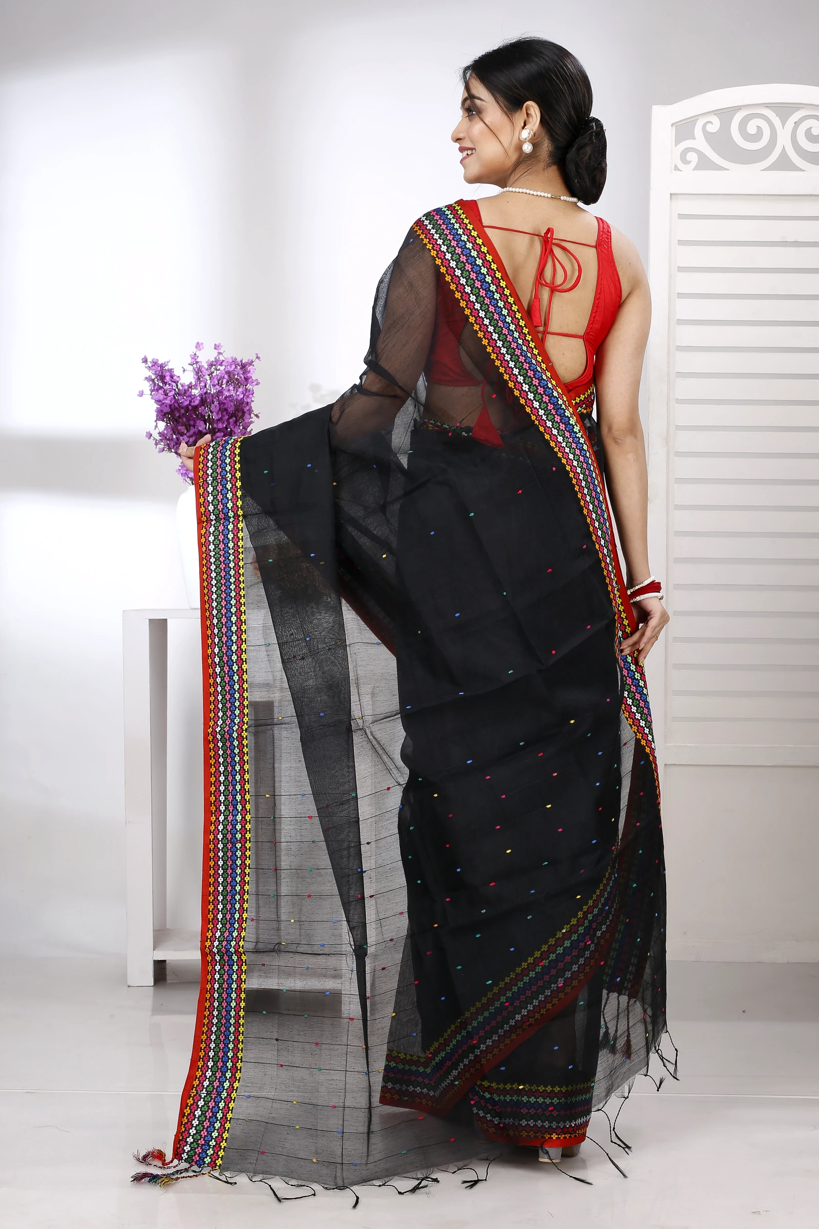 Black Cotton Popkn Hand Loom Saree (1332)