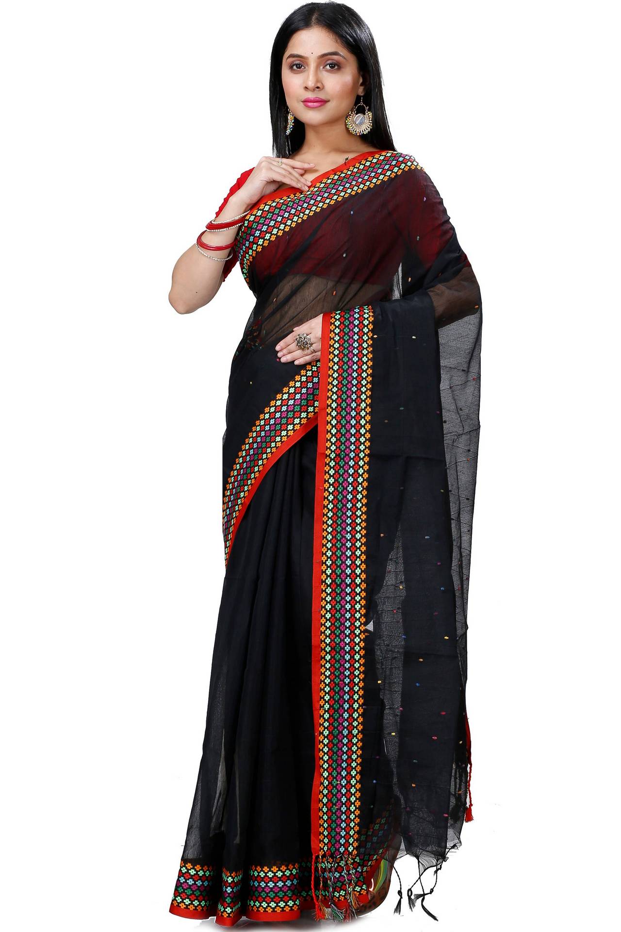 Black Cotton Popkn Hand Loom Saree (1332)
