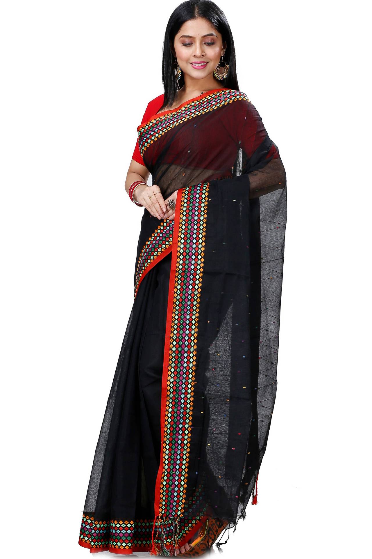 Black Cotton Popkn Hand Loom Saree (1332)