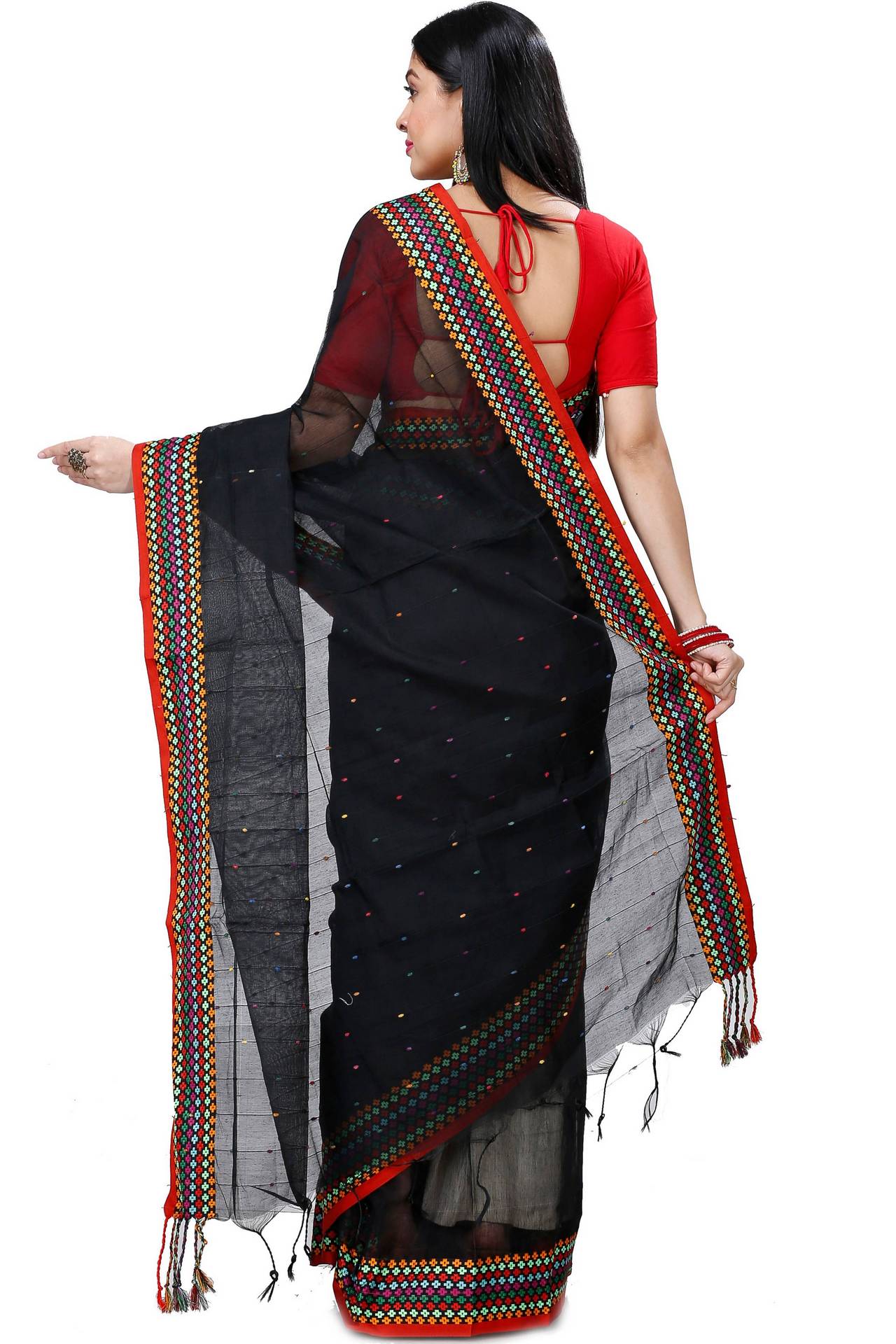 Black Cotton Popkn Hand Loom Saree (1332)