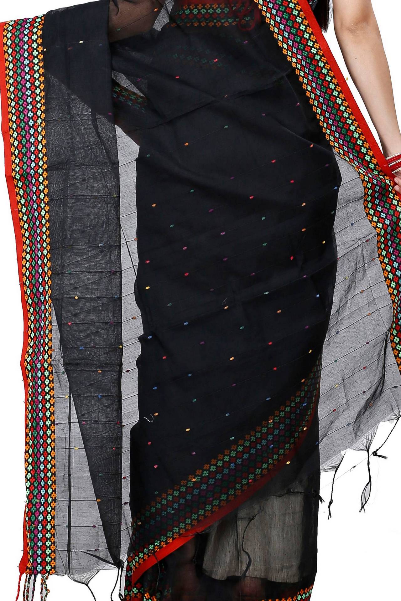 Black Cotton Popkn Hand Loom Saree (1332)