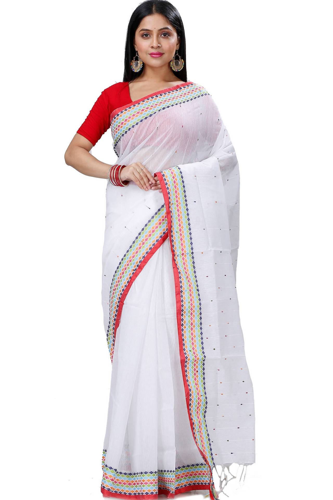 White Cotton Popkn Hand Loom Saree (1333)