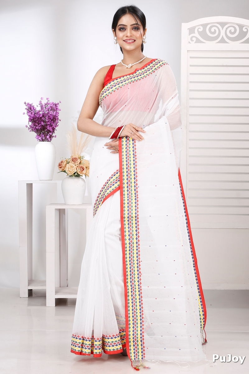 White Cotton Popkn Hand Loom Saree (1333)