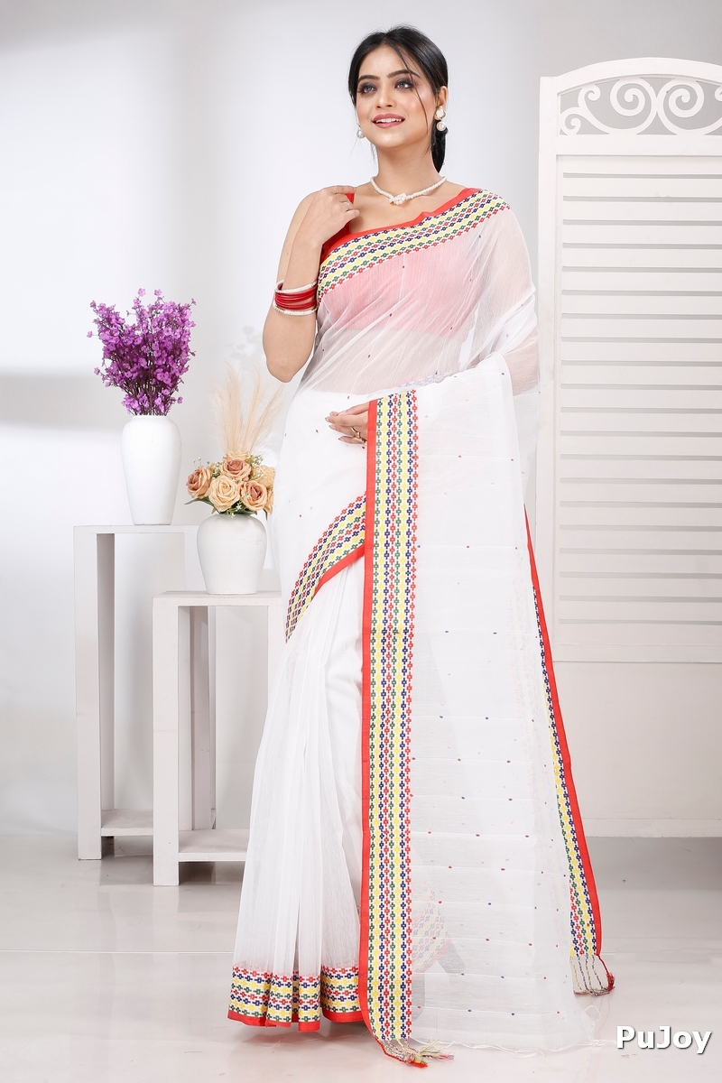 White Cotton Popkn Hand Loom Saree (1333)