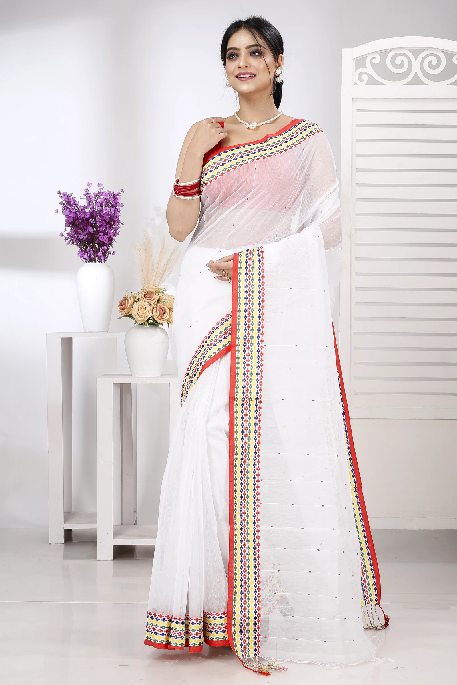 White Cotton Popkn Hand Loom Saree (1333)