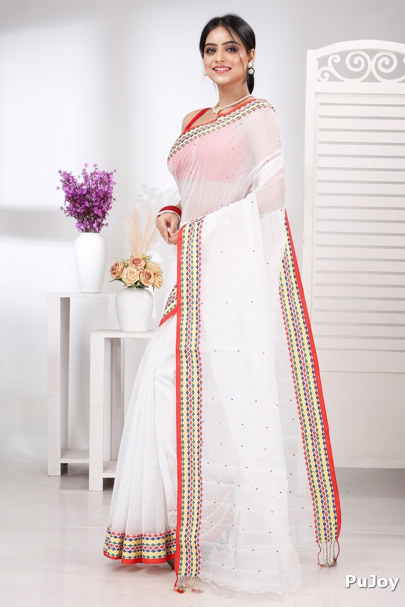 White Cotton Popkn Hand Loom Saree (1333)