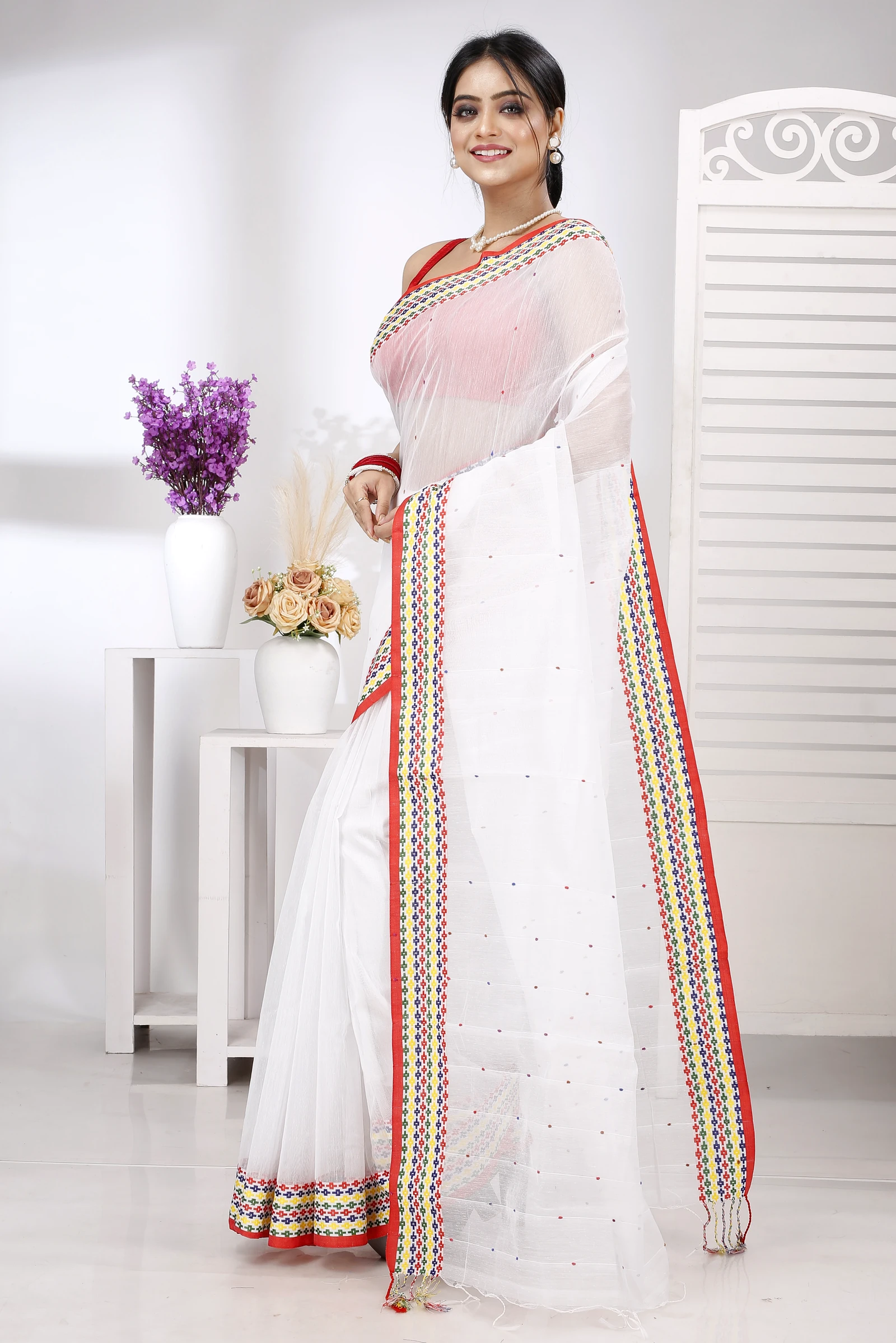 White Cotton Popkn Hand Loom Saree (1333)