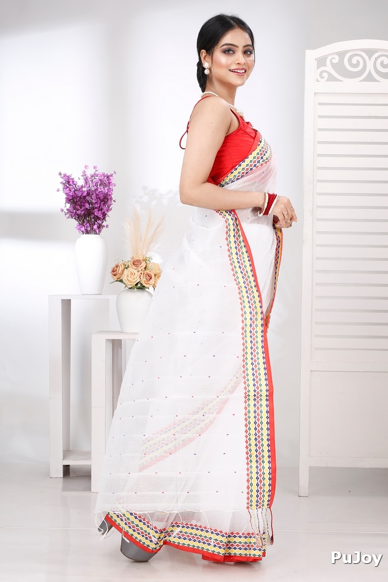 White Cotton Popkn Hand Loom Saree (1333)