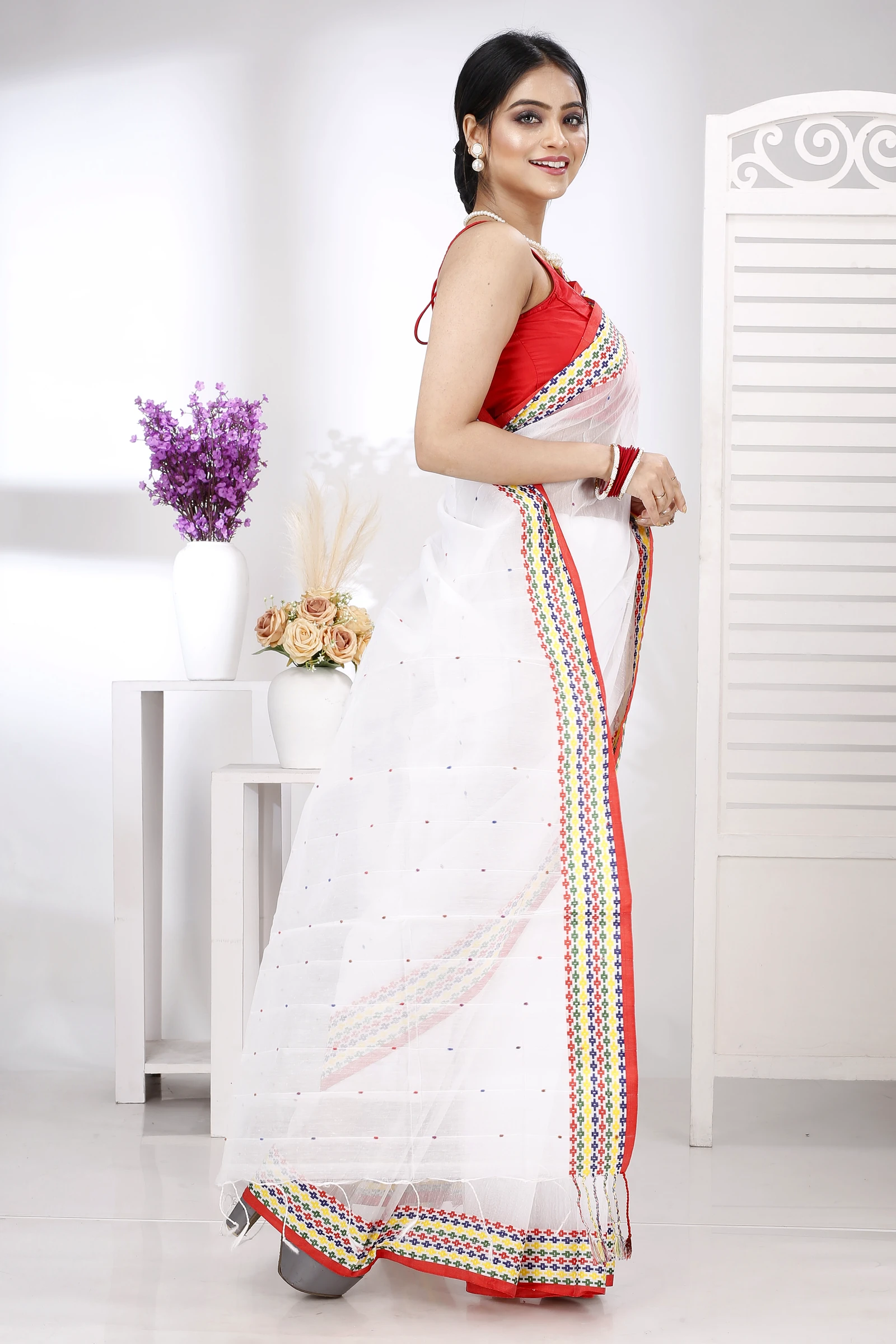 White Cotton Popkn Hand Loom Saree (1333)